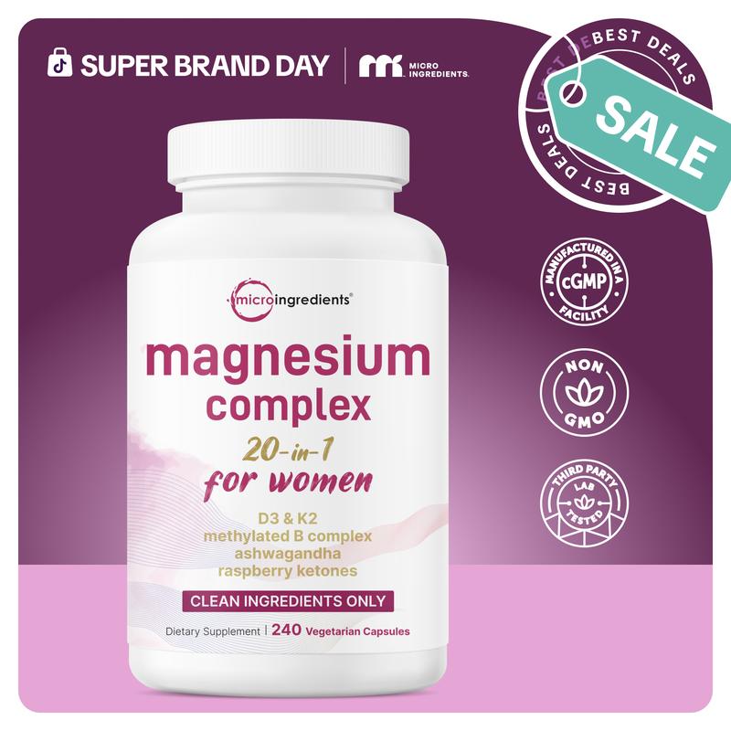 Magnesium Complex for Women, 240 Vegetarian Capsules | 20-in-1 Formula - Magnesium Blend with Vitamin D3, K2, Ashwagandha & More | Filler Free, Non-GMO