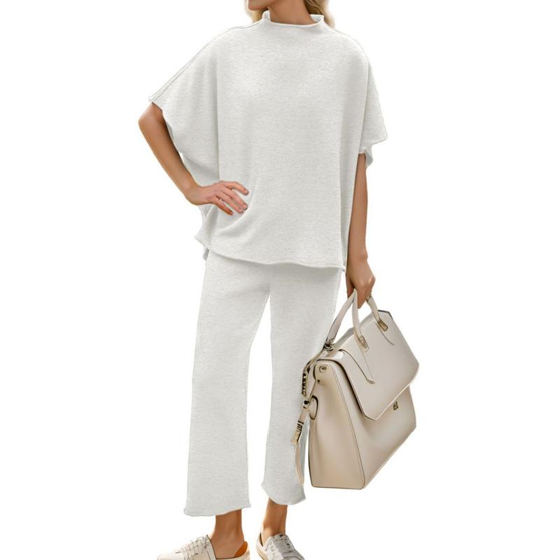 Songling Womens Casual Two Piece Outfits 3/4 Batwing Sleeve Crew Neck Top Wide Leg Pants Raw Edge Design Loungewear Set US Standard Size,sohochic