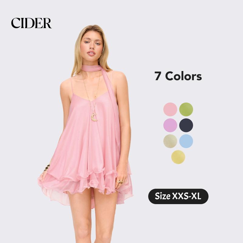 Cider V-Neck Halter Ruffled Hem Tulle Glitter Mini Dress Casual Wear Sexy Glamorous Women's Party Clubbing Festival Gown, Oversized Loose Fit Bounce Sundress with Scarf for Summer SohoChic