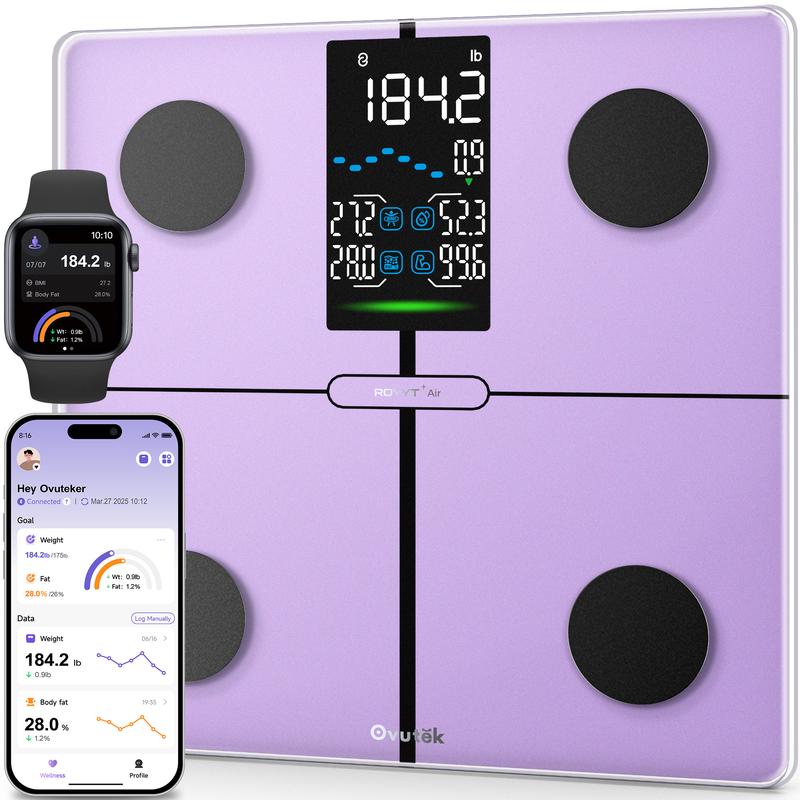 OVUTEK Smart Scale for Body Weight,Purple, Professional Bathroom Digital Scale with BMI, Body Fat, Muscle Mass, Most Accurate to 0.05lb, Large Display High Accurate Body Composition Machine with Fitness App, 400LB