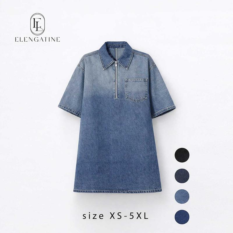 Elengatine Women's Oversized Vintage Washed Blue Polyester Denim Dress - Half-Zip Collared, Short Sleeve, 1 Chest Pocket, Loose Fit Garment - Plussize Clothes for Women (XS-5XL) for Daily, Street Style (Spring,Summer,Autumn)