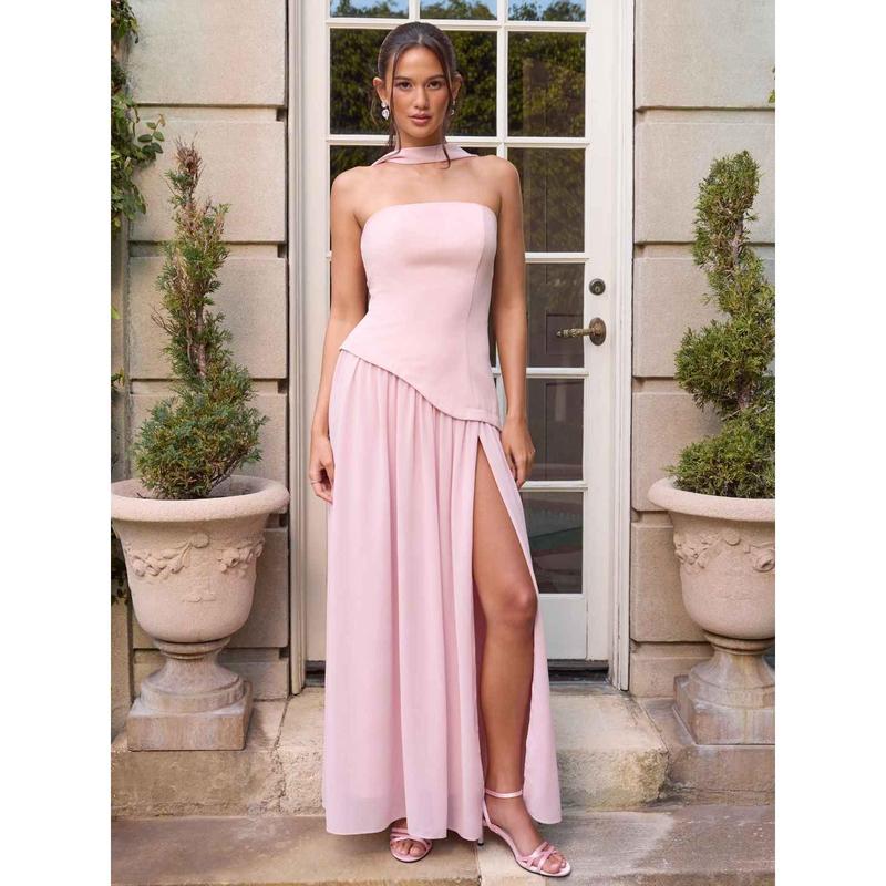 Cider Elegant Vacation Bandeau Dress for Beach Holiday, Sexy Lace Up Maxi Dresses, Ladies Sundress with Scarf, Summer Party Gowns SohoChic