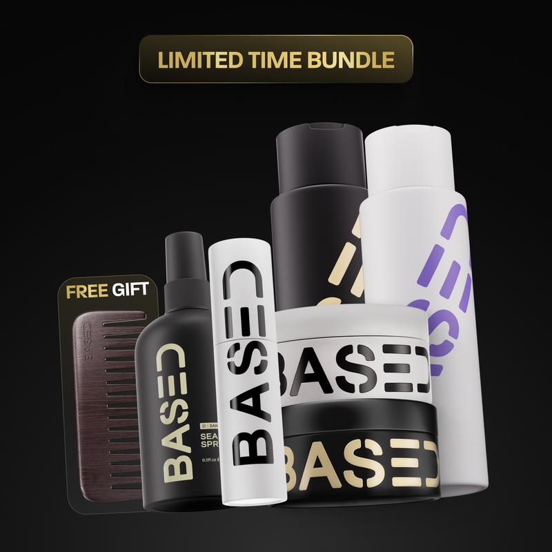 BASED Deluxe Straight/Wavy Hair Kit | Shampoo, Conditioner, Texture Powder, Hair Clay, Pomade, Sea Salt Spray + Wooden Comb | Science-Backed, High Performance