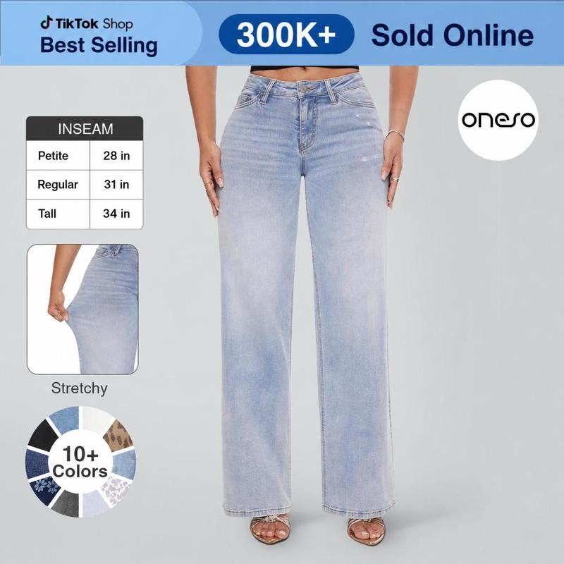 【4 Lengths】Magic ONESO Mid-low Rise BBL Jeans Stretchy Wide Leg Tummy Control Distressed Baggy Denim Pants Plus Size Regular Size Curve Hugging Fall Fashion
