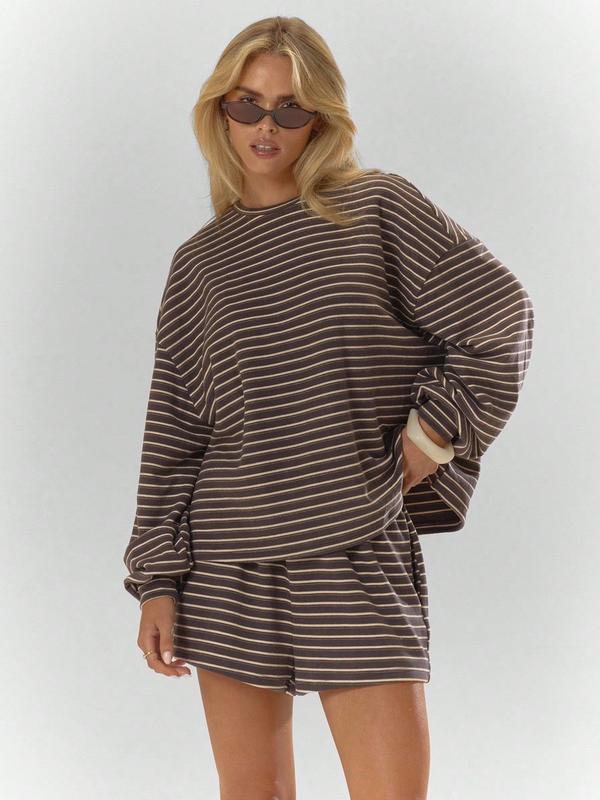 Women's Striped Set, Loose Fit Oversized, Casual Round Neck Long Sleeve Top, Pocket Shorts, 2-Piece Set, Soft Comfortable, Thick Warm Home Wear Everyday