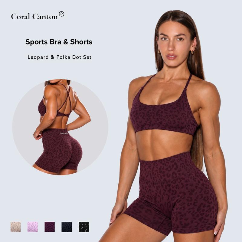 Coral Canton Seamless Leopard & Polka Dot, Sports Bra & Shorts Set BackToSchool