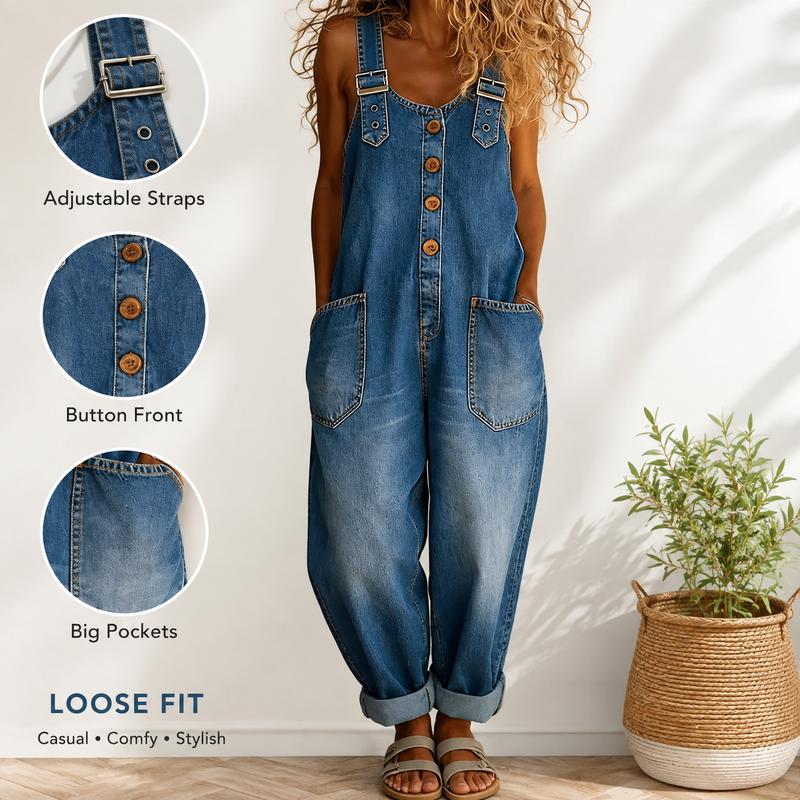 Loose Fit Denim Overalls with Adjustable Straps Button Front Big Pockets Casual Comfy Stylish Women's Jumpsuit,sohochic