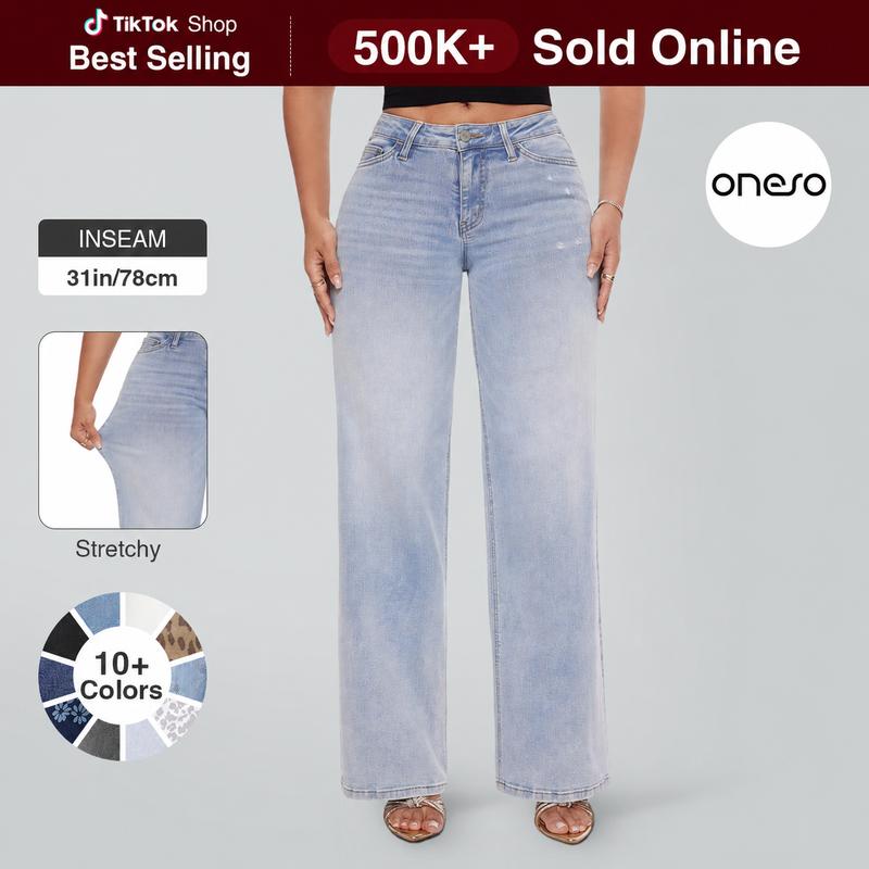 Magic ONESO Mid-low Rise Baggy Jeans Stretchy Wide Leg for Women Distressed Pants Womenswear Bottom 8001 Lady Basic Minimalist Comfortable Denim Tummy Control Curve Hugging Plus Size Regular Size BBL Fall Fashion Daily Outfits