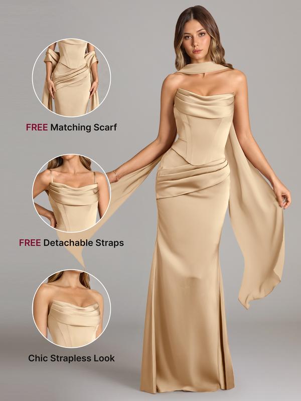 AZAZIE Sorrel Wedding Guest Gown for Women, 2-Piece Luminous Satin Mermaid Dress with Cowl Neck, Lace-up Corset Top & Chiffon Scarf, Gowns sohochic