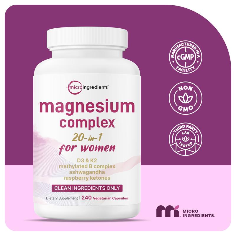 Magnesium Complex for Women, 240 Vegetarian Capsules | 20-in-1 Formula - Magnesium Blend with Vitamin D3, K2, Ashwagandha & More | Filler Free, Non-GMO