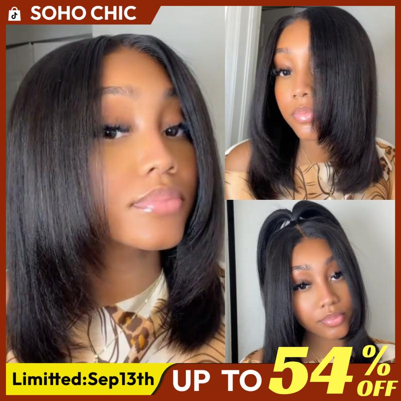 UNice Glueless Yaki Straight Short Bob Wig with Drawstring Pre-cut 7x5 HD Lace Human Hair Wigs with Bleached Knots Beginner Friendly Natural Hairline #SoHoChic Frontlace Glueless Wig