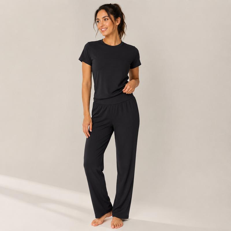 Women Dusty Pink 2 Piece Loungewear Matching Set, Crew Neck Short Sleeve Curved Hem T-Shirt + High Waist Elastic Pleated Wide Leg Pants With Side Pockets Soft Stretchy Knit Casual Daily Outfit