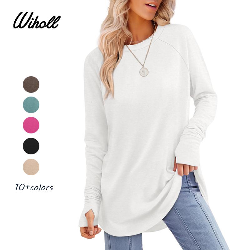 WIHOLL Women's Casual Tunic Tops to Wear with Leggings, Long Sleeve Round Neck Spandex Shirt with Thumb Holes and Curved Hem, Longsleeves, Women's Tops, Fabric, Cuffed Sleeve Women's T-Shirts,clothes for back to school,first day of school outfits,sohochic