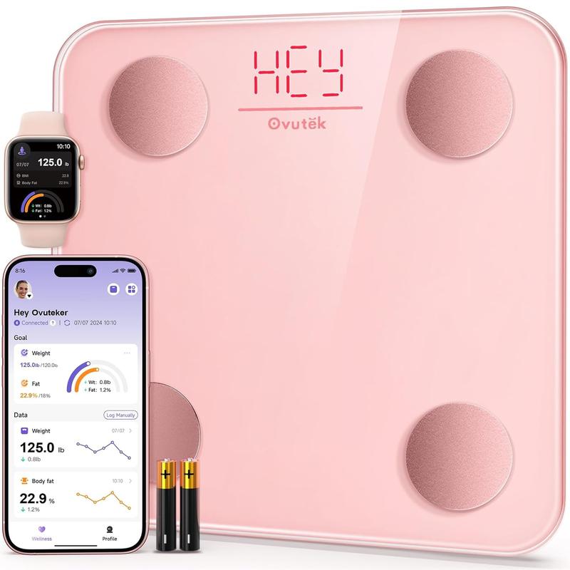 Ovutek Pink-A Smart Scale (Bathroom Gadget), Digital Body Weight Scale with BMI Tracking, Accurate Body Composition Monitor, Bluetooth Sync, Smartphone App Compatibility, Compact Size, 400lb Capacity