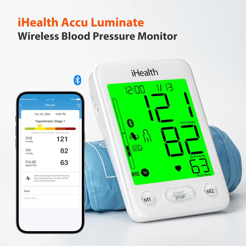 iHealth Bluetooth Blood Pressure Monitor HSA or FSA Eligible, with Large Cuff & Color-Coded Display, Dual Users 2*120 Readings, Automatica Upper Arm Blood Pressure Machine with Cloud Storage & Body Movement Detection, Portable Healthcare Kit