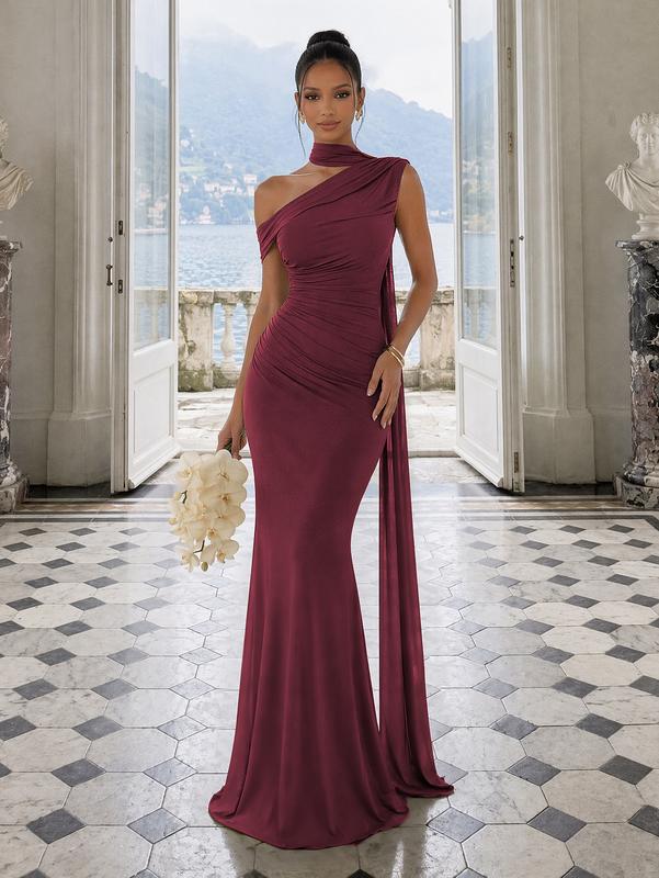 Curvysweet Isolde Women's 1-Shoulder Tight Mesh Ruched Maxi Formal Gown - Built-in Bra, Sleeveless, Elegant, Black Tie Dress, Prom Dress, Dress for Wedding Guest