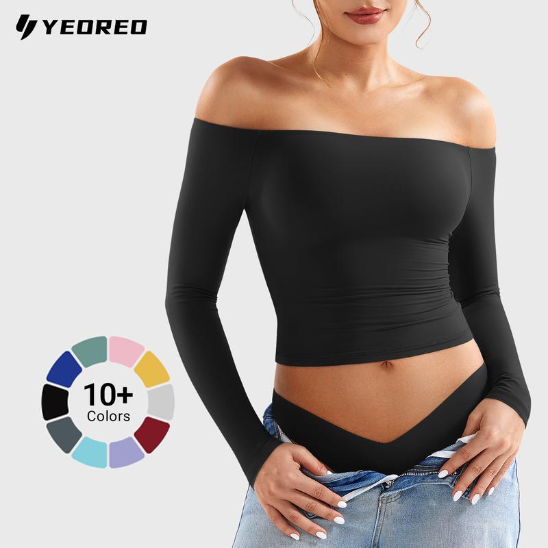 YEOREO Sophie Buttery Soft Off Shoulder Long Sleeve Shirt Double Lined Y2K Going Out Top Casual Cute Basic Womenswear summerwins,travel essentials,camping essentials tiktokshopbacktoschool