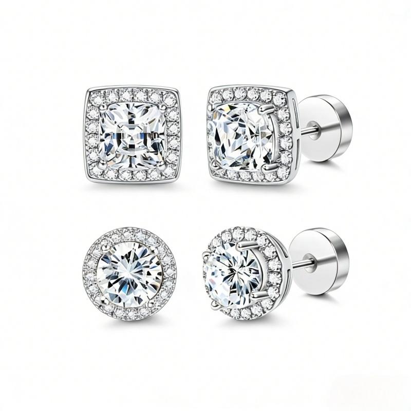 Women's Luxury 4-Pack Zircon Stud Earring Stack - Gold/Silver, Round/Square Stud Earrings, Hypoallergenic, Everyday Wear, Matching Backs, Complimentary Box - Jewelry, Accessories Adults, Premium Gifts for Women,sohochic