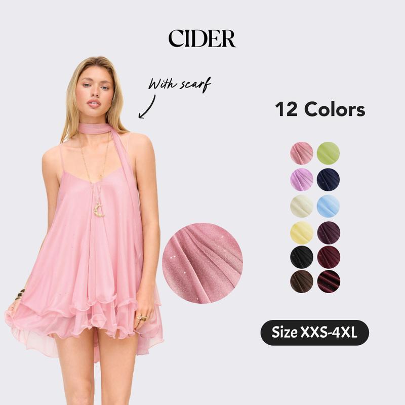 Cider V-Neck Halter Ruffled Hem Tulle Glitter Mini Dress Casual Wear Sexy Glamorous Women's Party Clubbing Festival Gown, Oversized Loose Fit Bounce Sundress with Scarf for SohoChic