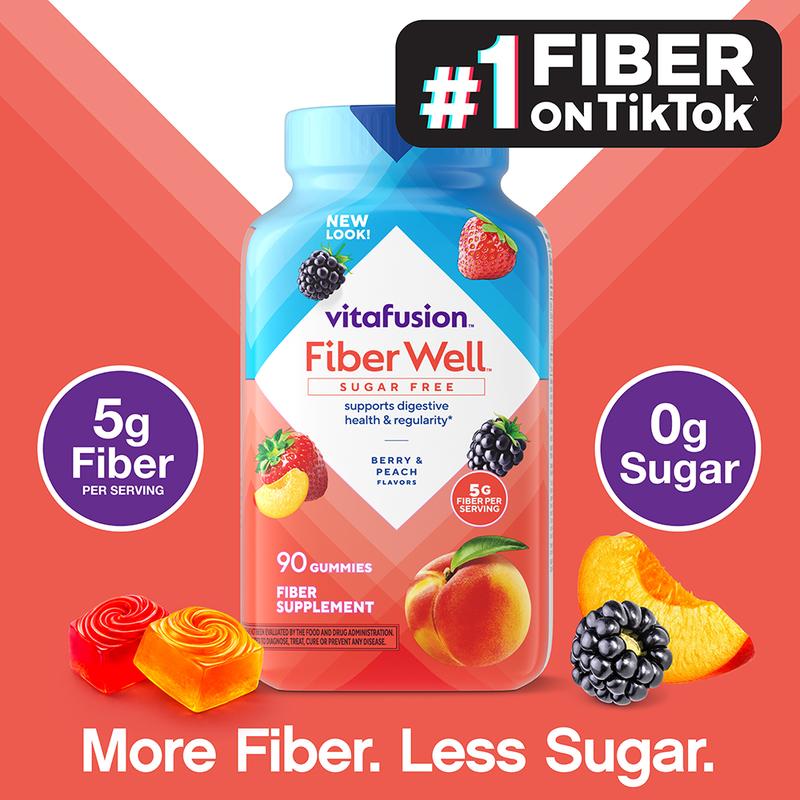 [Vitafusion] Fiber Well Sugar Free Gummies - 5g - Berry & Peach Flavor Fiber Gummies - Supports Digestive Health & Regularity - 90 Gummies