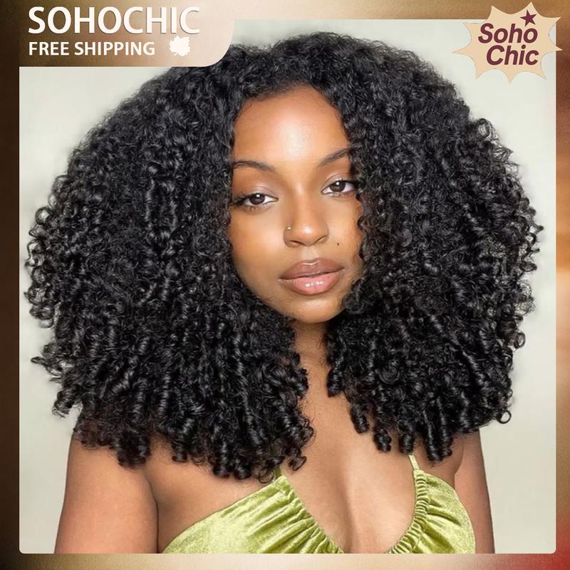 Pobokix Burmese Curly 3 IN 1 Half Wigs Human Hair Glueless Wig Human Hair Half Wig Drawstring 200% Density Burmese Curly Hair Half Wig For Women,sohochic