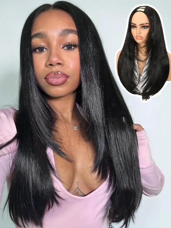 Women's Yaki Straight Layered U Part Wig, Glueless Clip-In Half Wig, Convenient Wigs, Realistic Natural Look, Heat-Resistant Synthetic Hair, Synthetic Material Wigs
