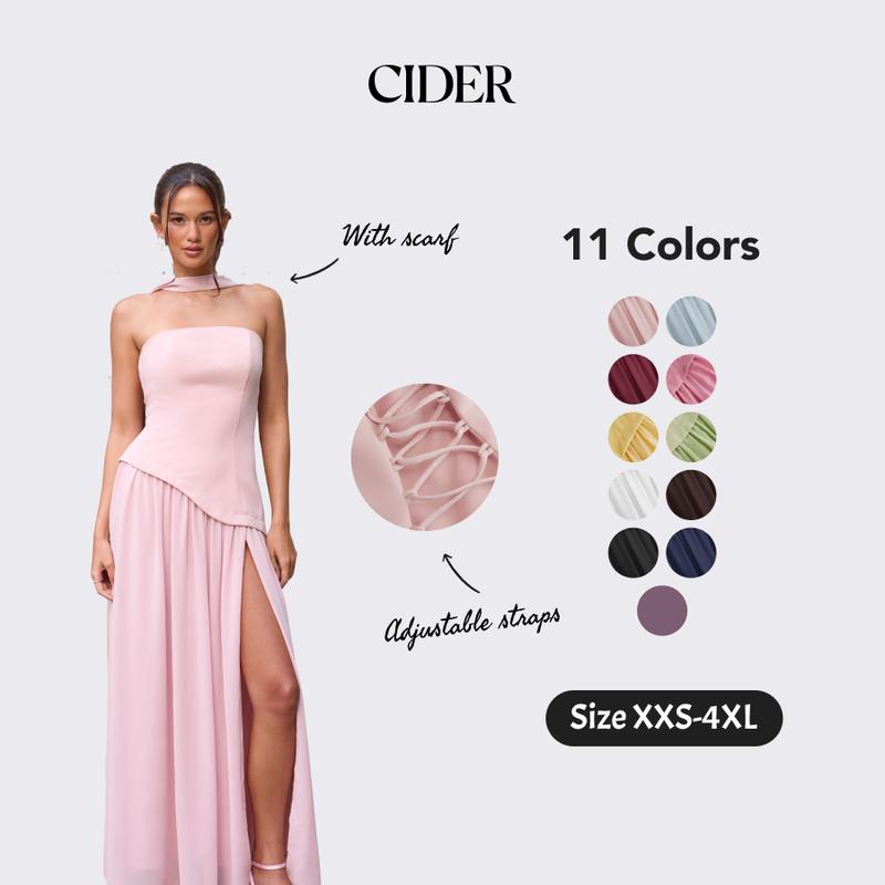 Cider Elegant Vacation Bandeau Dress for Beach Holiday, Sexy Lace Up Maxi Dresses, Ladies Sundress with Scarf, Party Gowns SohoChic
