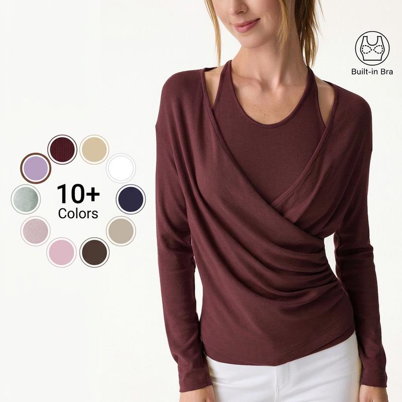 OGL Fall 2 Piece Set - Cami with Removable Pads & Surplice Ruched Crossover Top. Slimming, soft & comfortable, long sleeve matching sets for women. Multiple colors, fall winter womenswear, casual elegant outfit. SohoChic Matching Sets For Women