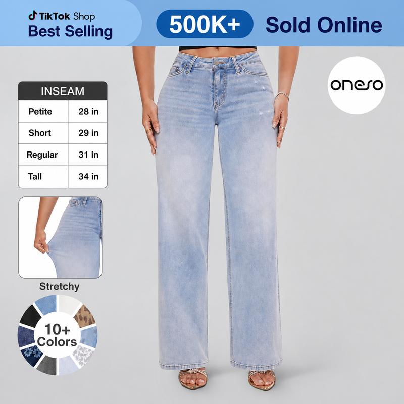 【4 Lengths】Magic ONESO Mid-low Rise BBL Jeans Stretchy Wide Leg Tummy Control Distressed Baggy Denim Pants Plus Size Regular Size Curve Hugging Fall Fashion
