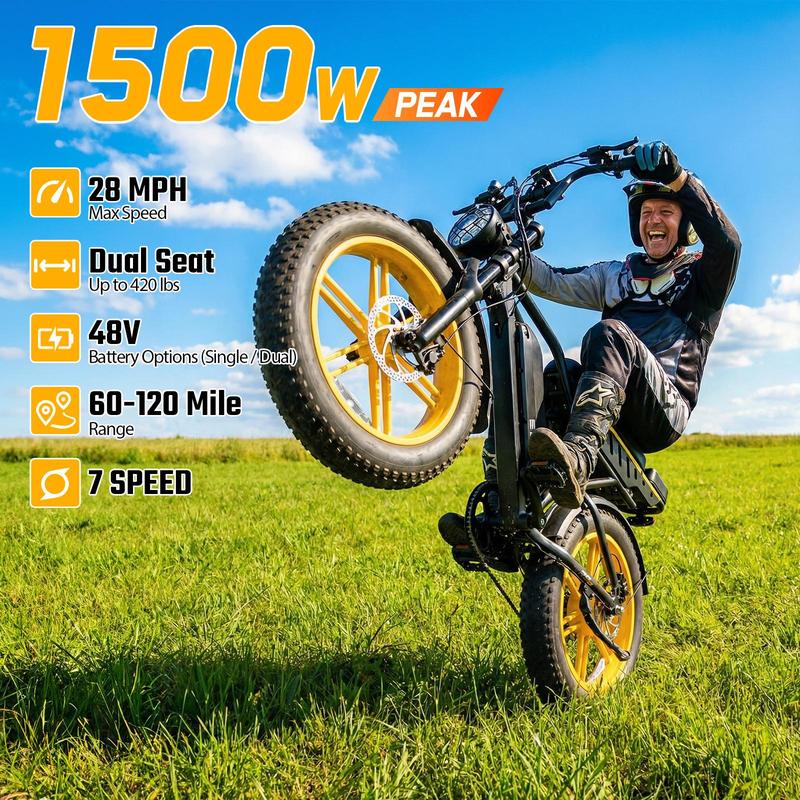 R9 Adult Commuting Ebike - 1500W/750W Motor Power, 20\"x4.0 Fat Tires, 7-Speed, LCD Display, Front Suspension, Iron Frame, 48V Dual Batteries, 7.5-Hour Charge, Up to 120 mi Range, for Parks Cycling