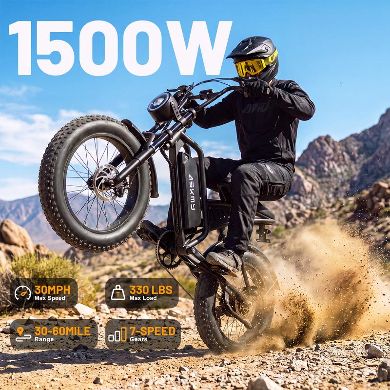 ASKMY Fat Tire Electric Bike | 1500W Peak Motor | High-Carbon Steel Frame | Full Suspension | Up to 30 MPH | 48V 15Ah Battery | 30–60 Miles Range | 20\" × 4.0\" All-Terrain Fat Tires | For City Commuting, Country Trails & Light Off-Road Riding