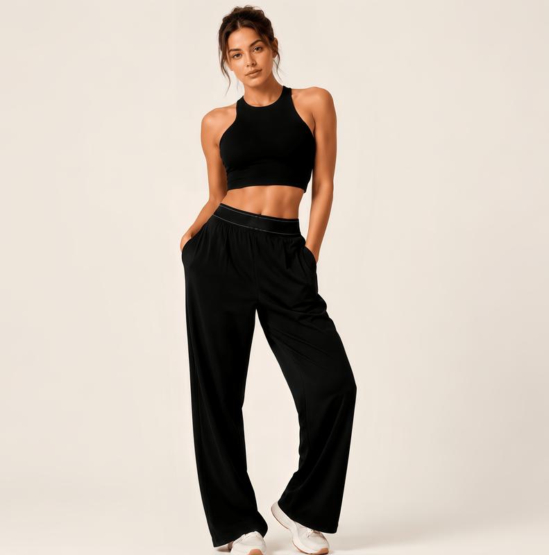 Women's High-Waisted Wide-Leg Casual Pants with Pockets - Lightweight Stretchy Fabric, Stylish Women's Wear Bottoms for Casual Wear, Yoga, Comfortable, Trouser, Fit, Lady, Style Clothing and Accessory Set