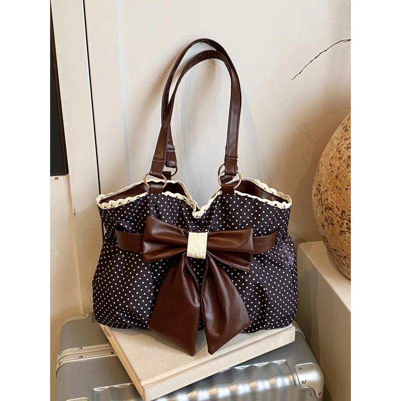 Women's Vintage Polka Dot Tote Bag - Cutecore Casual Slip-On Shoulder Purse with Large Bow, Lace Trim, Textured Design, Large Capacity for Holiday Travel, Everyday Bag, Gifts for Women, Sports & Outdoor Gym Accessory