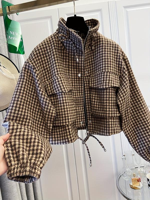 Women's Fashion Retro Gingham Plaid Stand Collar Short Coat, Drawstring Design, Zipper Front, Perfect for Fall Winter Daily Holiday Outing