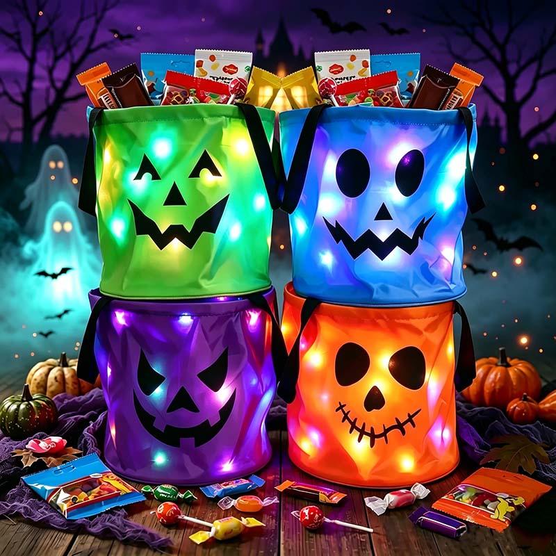 LED Halloween Pumpkin Light Candy Buckets & Non-Woven Goodie Bags (3/4 Pcs) - Reusable Trick-or-Treat Collectible Gift for Kids - Home Outdoor Decoration Sets