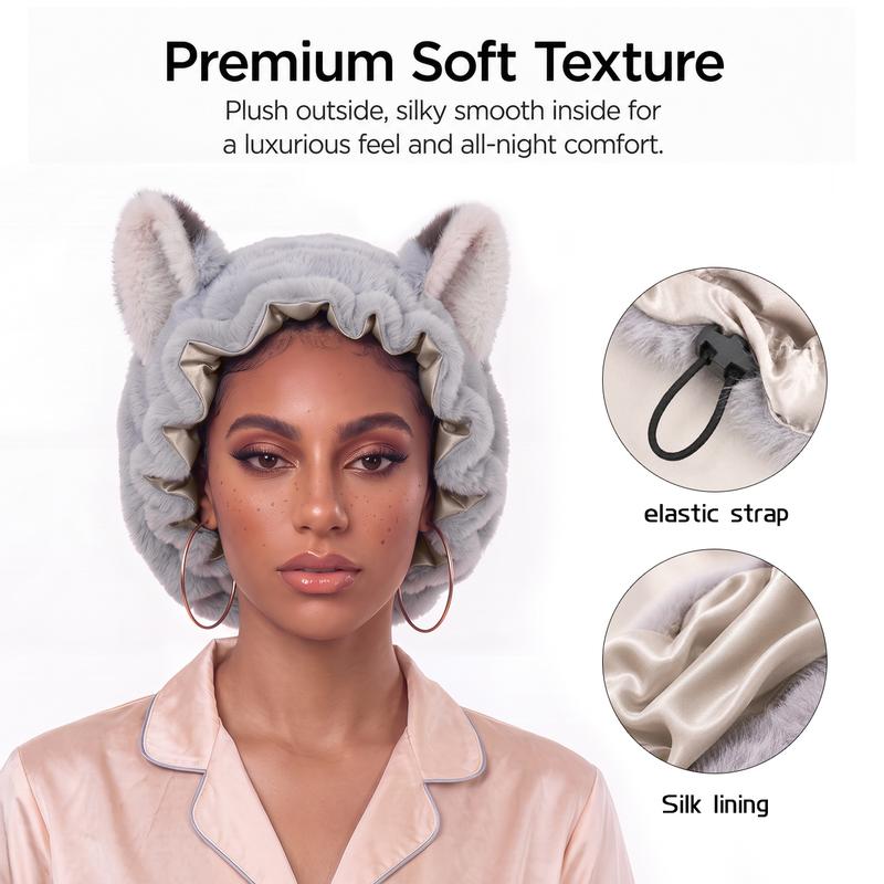 Brand Original Fox Ear Design Plush Satin Hair Bonnet for Sleeping, Soft Fleece Sleep Cap for Women with Satin Lining, Adjustable Elastic Band, Anti Frizz Hair Protection Night Cap for Curly Hair, Braids, Natural Hair, Skincare & Lounge。
