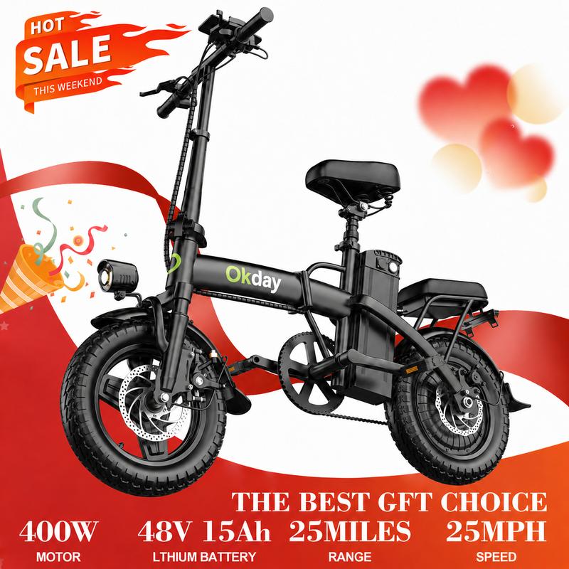 Okday K1 700W Peak Power High-Performance Adult Electric Bike, 25MPH Max Speed, Foldable Portable 14\" All-Terrain Tires, Dual Brakes, Carbon Steel Frame, Smooth Stable Ride, Dual Seats, Compact Powerful Lifestyle Foldable Electric Bike city commute