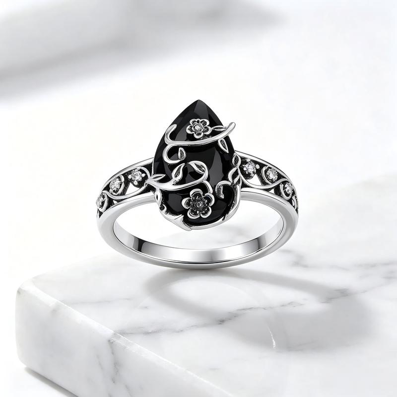 925 Sterling Silver Synthetic Obsidian Ring with Vintage Flower Design, Elegant Black Lab Grown Diamond Ring Jewelry for Women, Energy Crystal Ring Perfect for Daily Wear and Birthday Party, Mother's day Gift