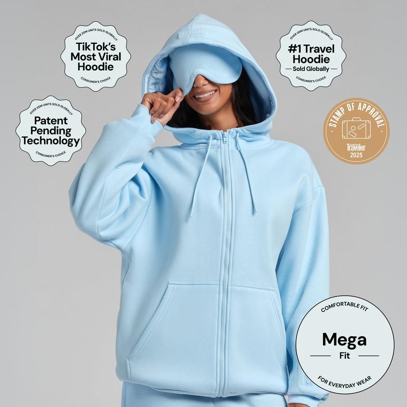 Comfrt | VIP Airplane Mode Travel Zip Hoodie - Mega | CloudTouch Fleece Zip-Up With Silk-Lined Hood & Eye Mask