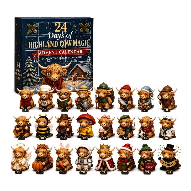 24-Day Highland Cow Advent Calendar - Christmas Countdown Gift Box with Collectible , Festive Holiday Home Decor Toy Set, Ideal Present for Kids & Cow Enthusiasts
